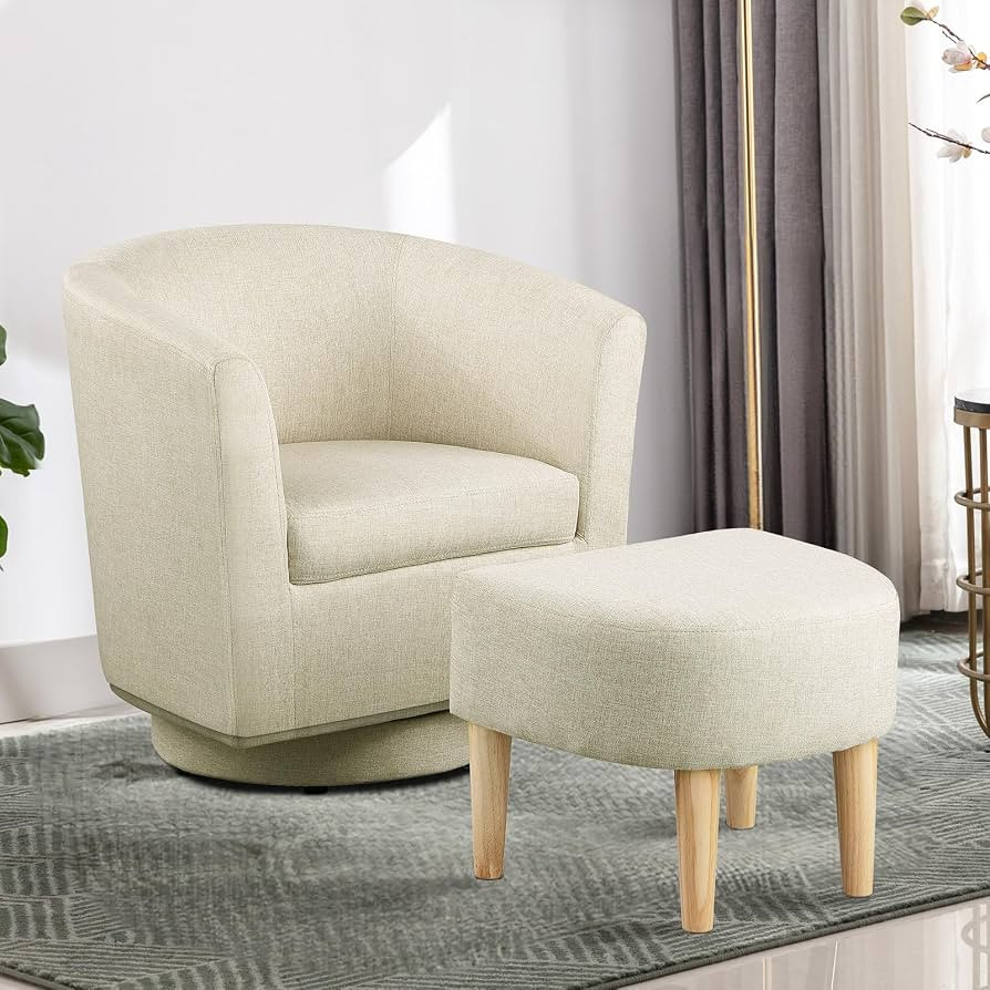 DAZONE Beige Swivel Accent Chair with Ottoman Comfy Barrel Corner Armchair | Amazon (US)