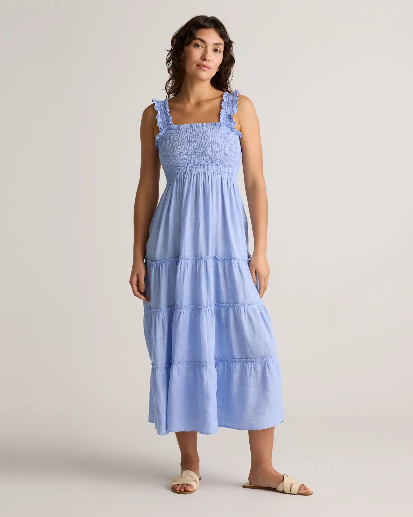 100% European Linen Smocked Midi Dress in French Blue | Quince