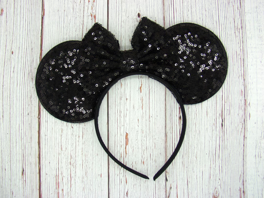 Black Villain 4 Mouse Ears on Headband Black Ear Black Bow 4 Large Black Sequin Ears Park Sized E... | Etsy (US)