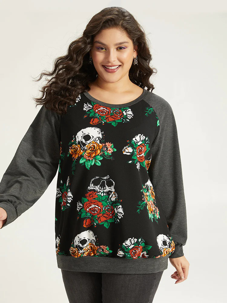Halloween Skull & Floral Print Raglan Sleeve Sweatshirt | Bloomchic