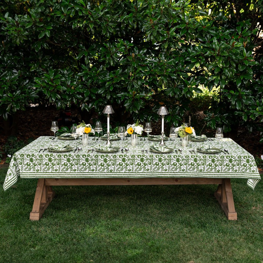 Cactus Flower Green Tablecloth | Floral Table Linens | Pomegranate