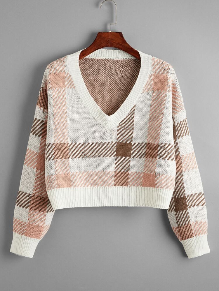 Plaid V-neck Drop Shoulder Sweater | SHEIN