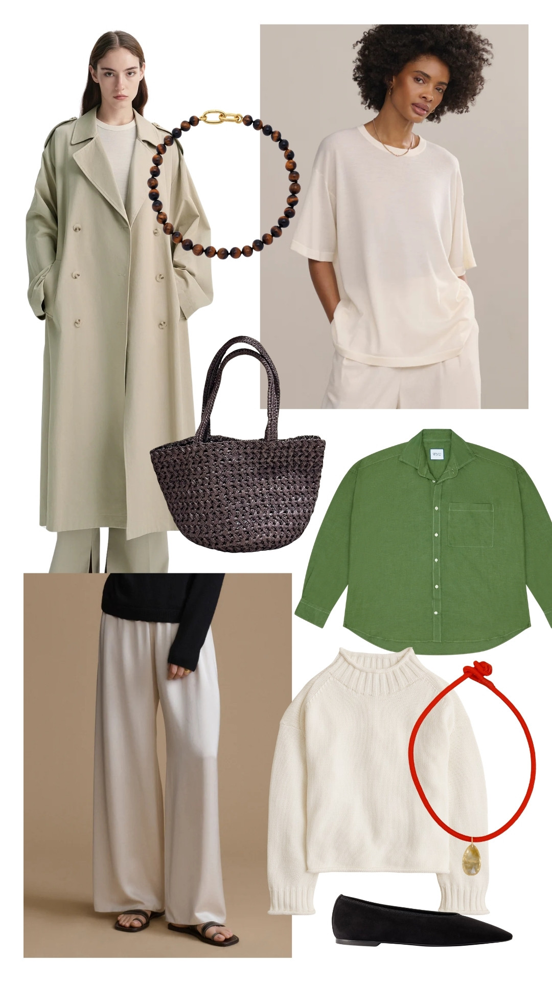 My spring dress code. Beaded and statement necklaces with wide leg trousers. A trench coat and woven rope style bag. And *the shirt* to inject some green into your outfits. 

 #LTKspring #LTKstyletip