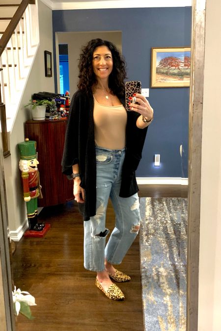 Bodysuit casual OOTD. Abercrombie shirt sleeve scoop neck bodysuit. I’m wearing a medium. Target high waist distressed ankle length straight leg jeans. I’m wearing a 4. Steve Madden leopard print flats. Aerie kimono sweater  

#LTKxAF #LTKunder50 #LTKstyletip