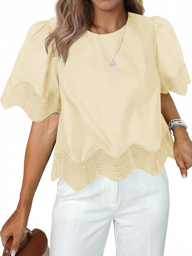 Tankaneo Womens Short Sleeve Crop Tops Summer Casual Scalloped Flowy Blouse Crewneck Ruffle Loose... | Amazon (US)