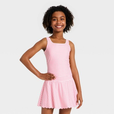 Girls' Active Scallop Crop Tank Top - All In Motion™ Pink Gingham L | Target