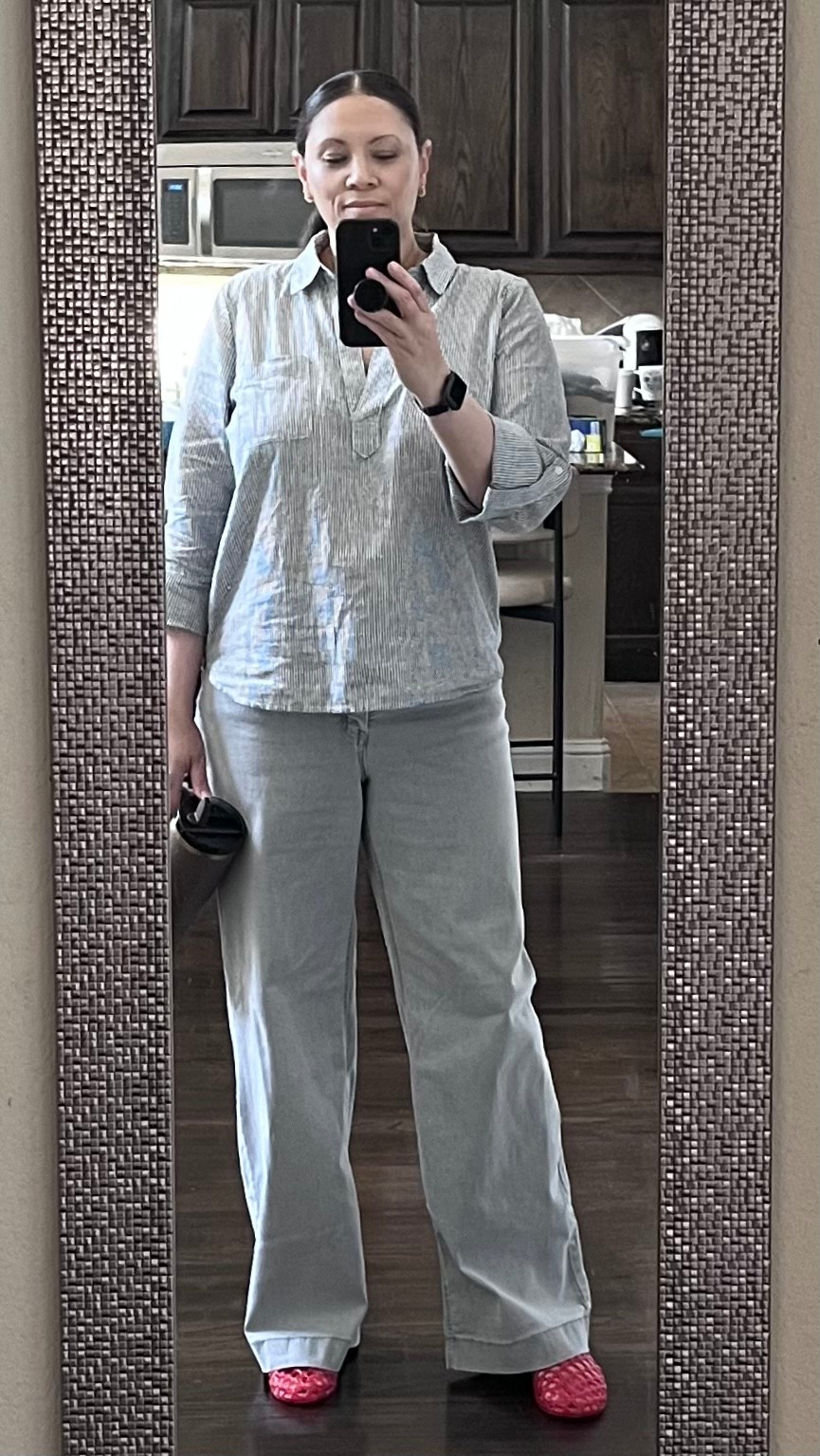 Tonal fit with a striped top. Transitional casual work outfit.

#LTKWorkwear #LTKootd #LTKMidsize