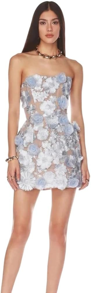 Women's Strapless 3D Floral Lace Mini Dress, Corset Lace-Up Back Sheer Mesh Bodycon Cocktail Part... | Amazon (US)