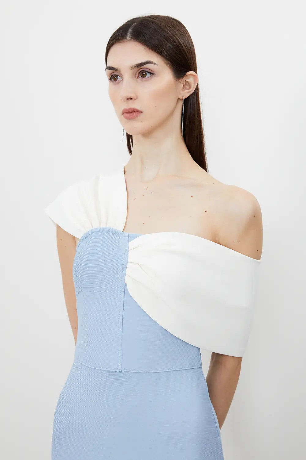 Light Blue Figure Form Bandage Asymmetric Strap Knit Midi Dress | Karen Millen USA | Karen Millen US
