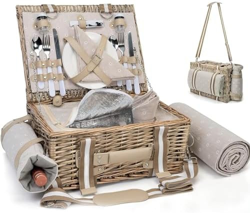19Pcs Picnic Basket for 2 with Insulated Liner and Waterproof Picnic Blanket Wine Pouch, Large Wi... | Amazon (US)