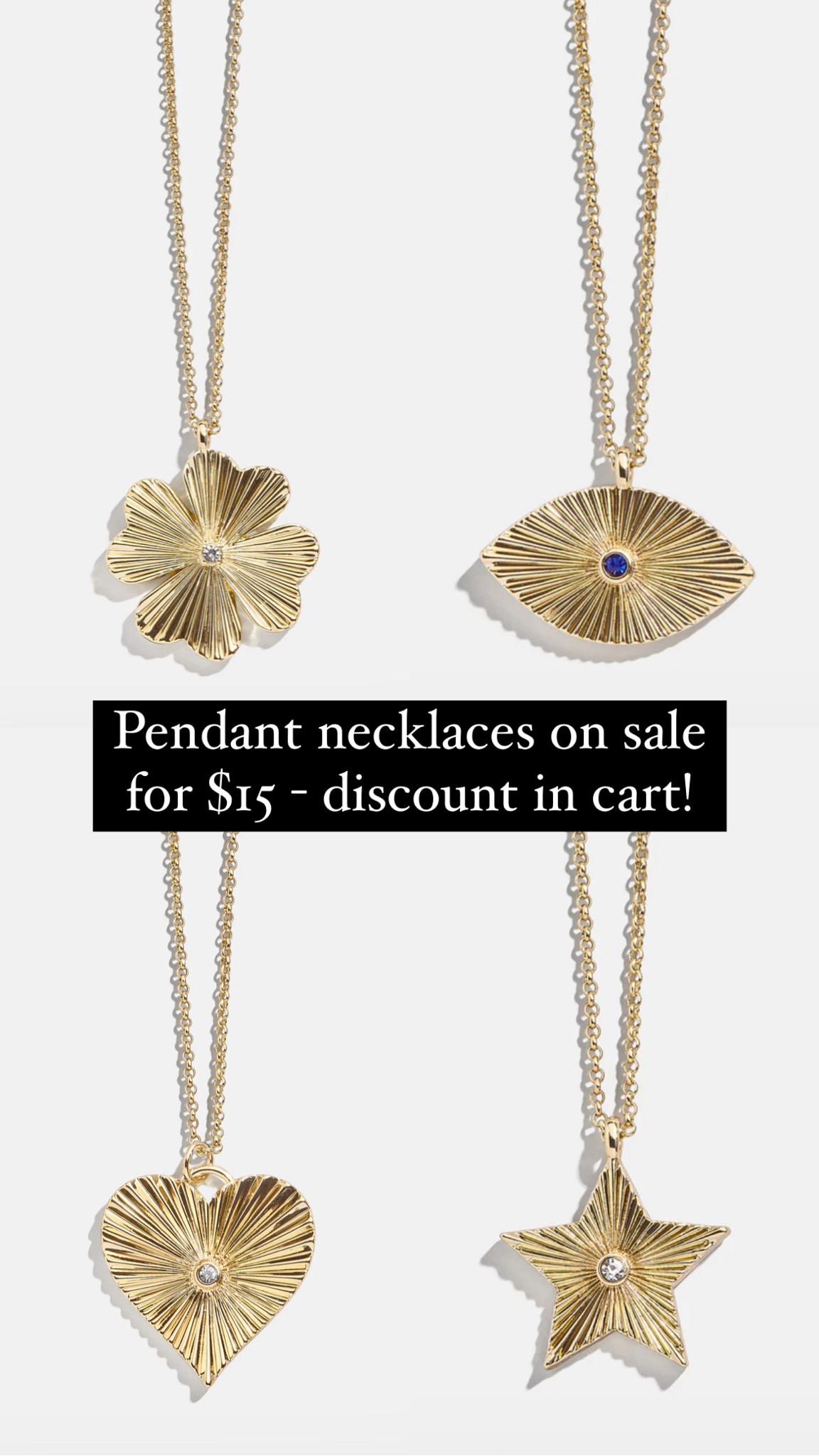 These long gold pendant necklaces are on sale for $15, discount in cart! 
.
Heart pendant necklace clover pendant necklace star pendant necklace evil eye pendant necklace 

#LTKStyleTip #LTKSaleAlert #LTKFindsUnder50