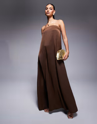 ASOS DESIGN bandeau trapeze satin maxi dress in chocolate | ASOS (Global)