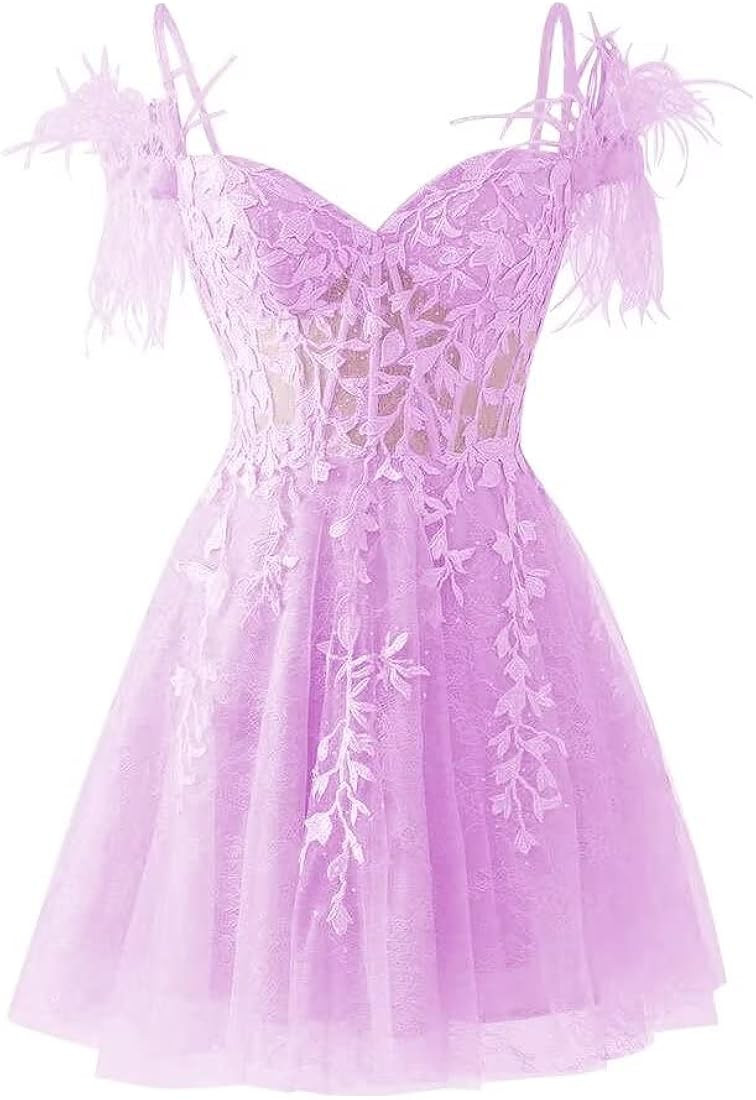 homdor Feather Homecoming Dresses Lace Appliques Tulle Prom Dress Short Spaghetti Straps Formal P... | Amazon (US)