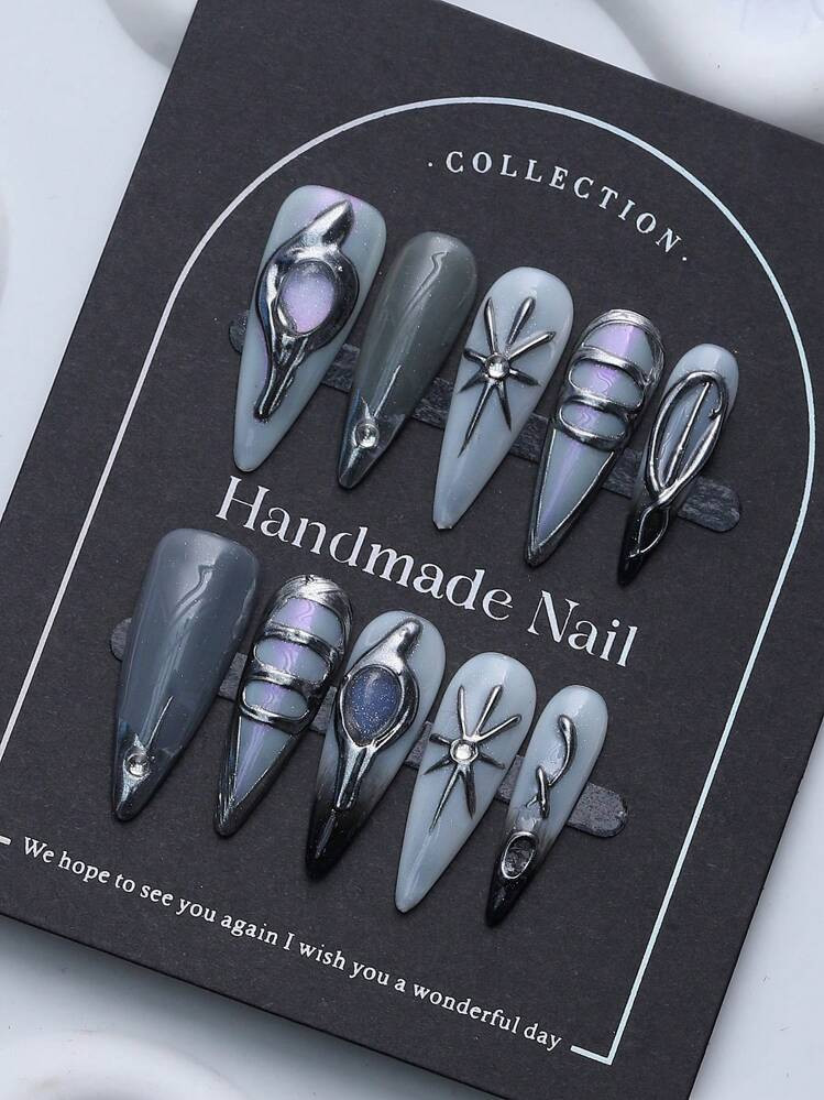 10Pcs/Set Western Style Sharp Stiletto Nails, 3D Hexagram Hand Painted Design, Y2K Glamorous Styl... | SHEIN