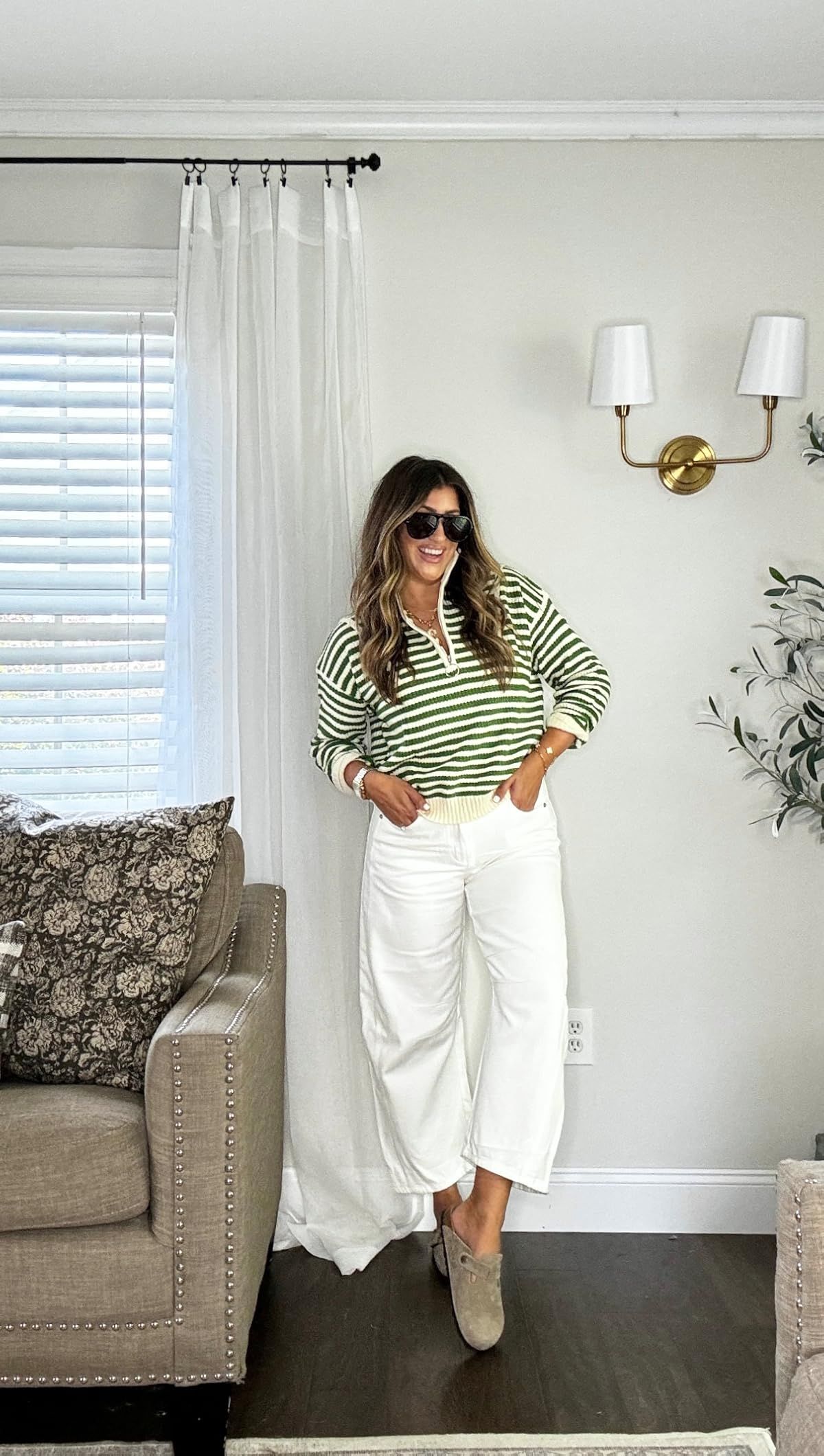 The cutest summer to fall fit! Wearing a small in top and tts 28 in jeans. Love white pants even ... | Amazon (US)