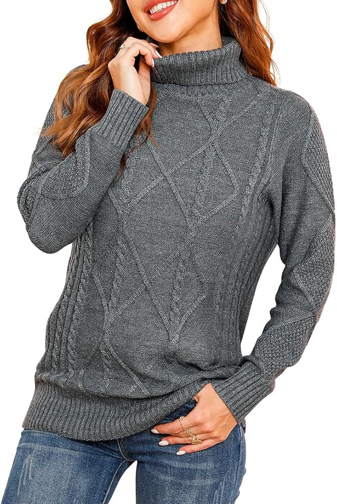 HWOKEFEIYU Women's Turtleneck Long Sleeve Cable Knit Pullover Sweater | Amazon (US)