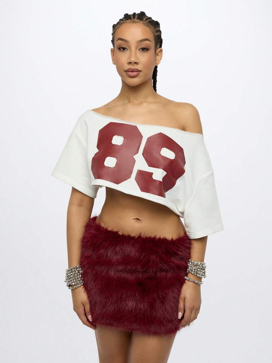 SUMWON WOMEN Off Shoulder Number Jersey Crop Top Short Sleeve Football Basketball Varsity Player ... | SHEIN