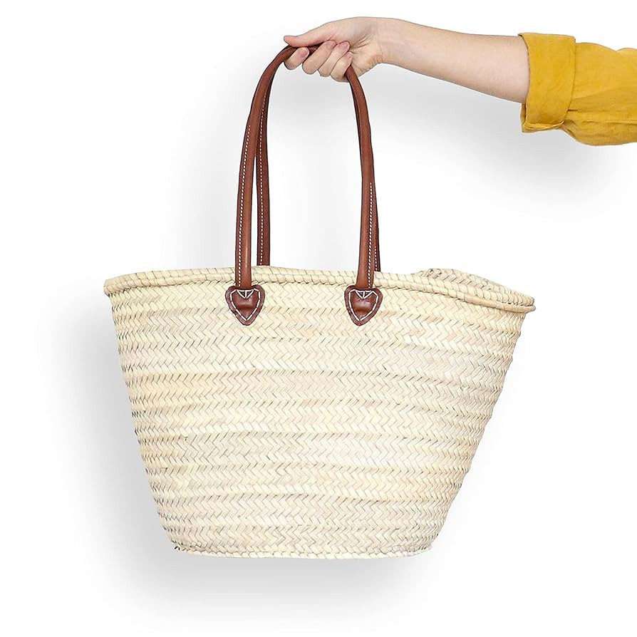 FRENCH BASKET straw bag with leather handles, beach bag, straw bag, market basket, shopping baske... | Amazon (US)
