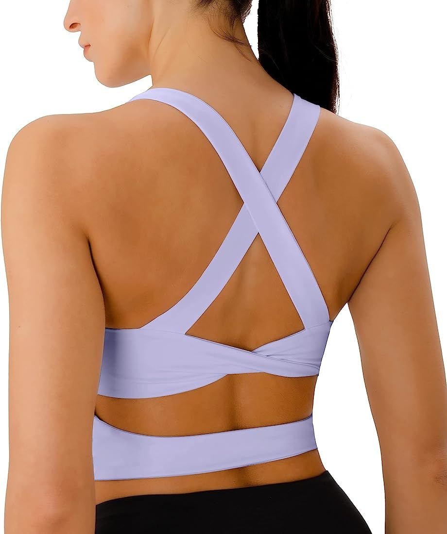 Sports Bras for Women Criss-Cross Back Padded Workout Tank Tops Medium Support Crop Tops for Women | Amazon (US)
