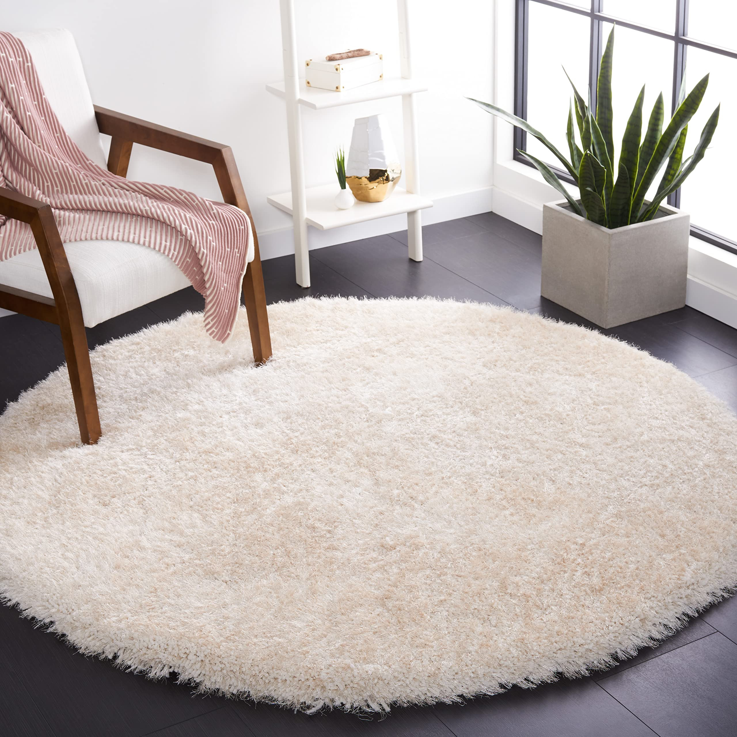 SAFAVIEH Luxe Shag Collection Area Rug - 8' Round, Bone, Handmade Glam, 3.2-inch Thick Ideal for ... | Amazon (US)
