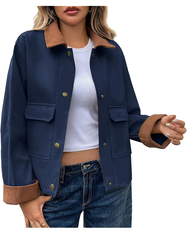 Oymyakon Women Cropped Jacket Contrast Collar Utility Coat Button Down Barn Jacket Fall Casual Ca... | Amazon (US)