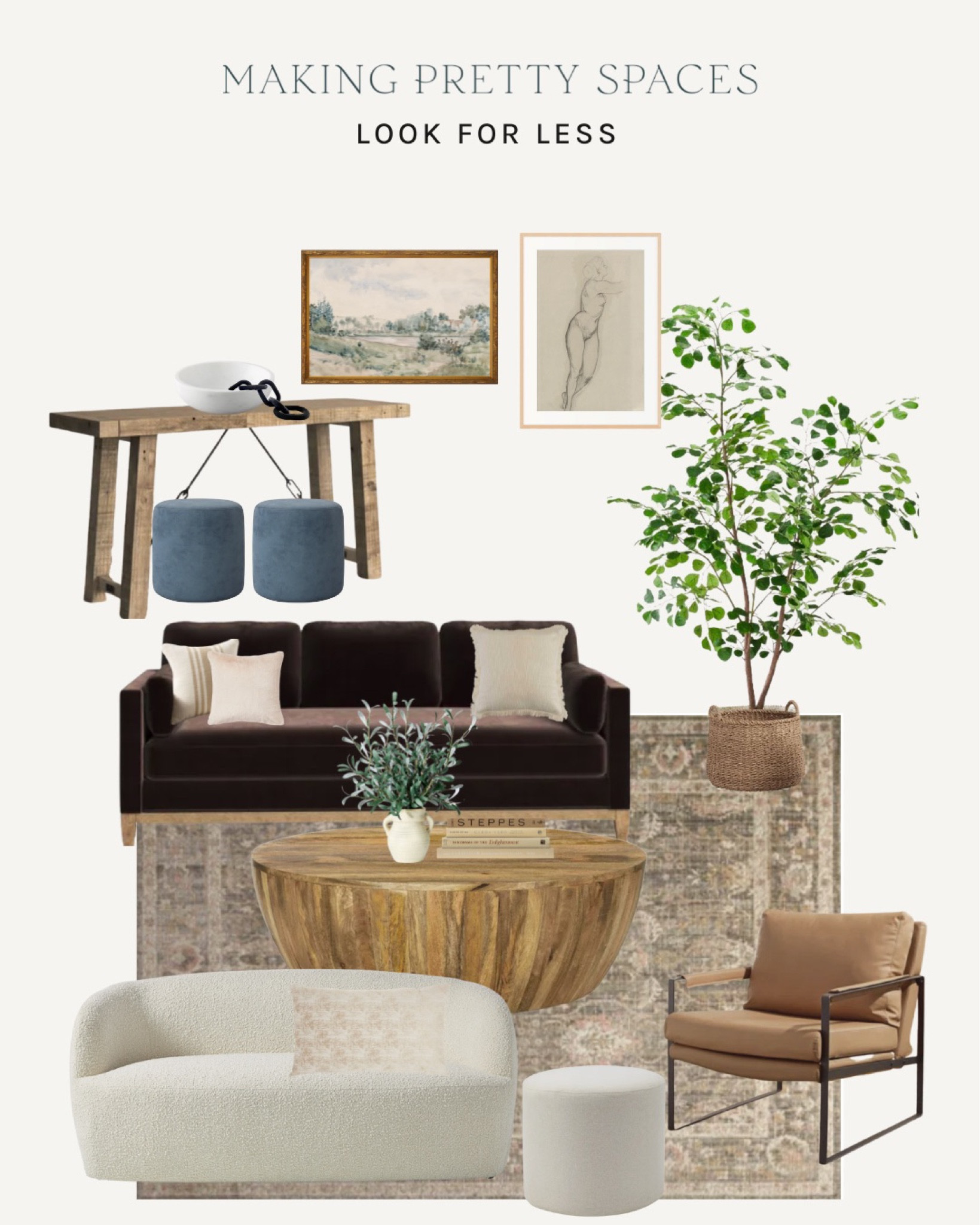 Shop my living room mood board look for less! 
Amazon, Wayfair, Etsy, world market, living room, Target, sofa, chair, area rug, console table, faux tree, artwork, ottoman

#LTKsalealert #LTKfamily #LTKitbag
