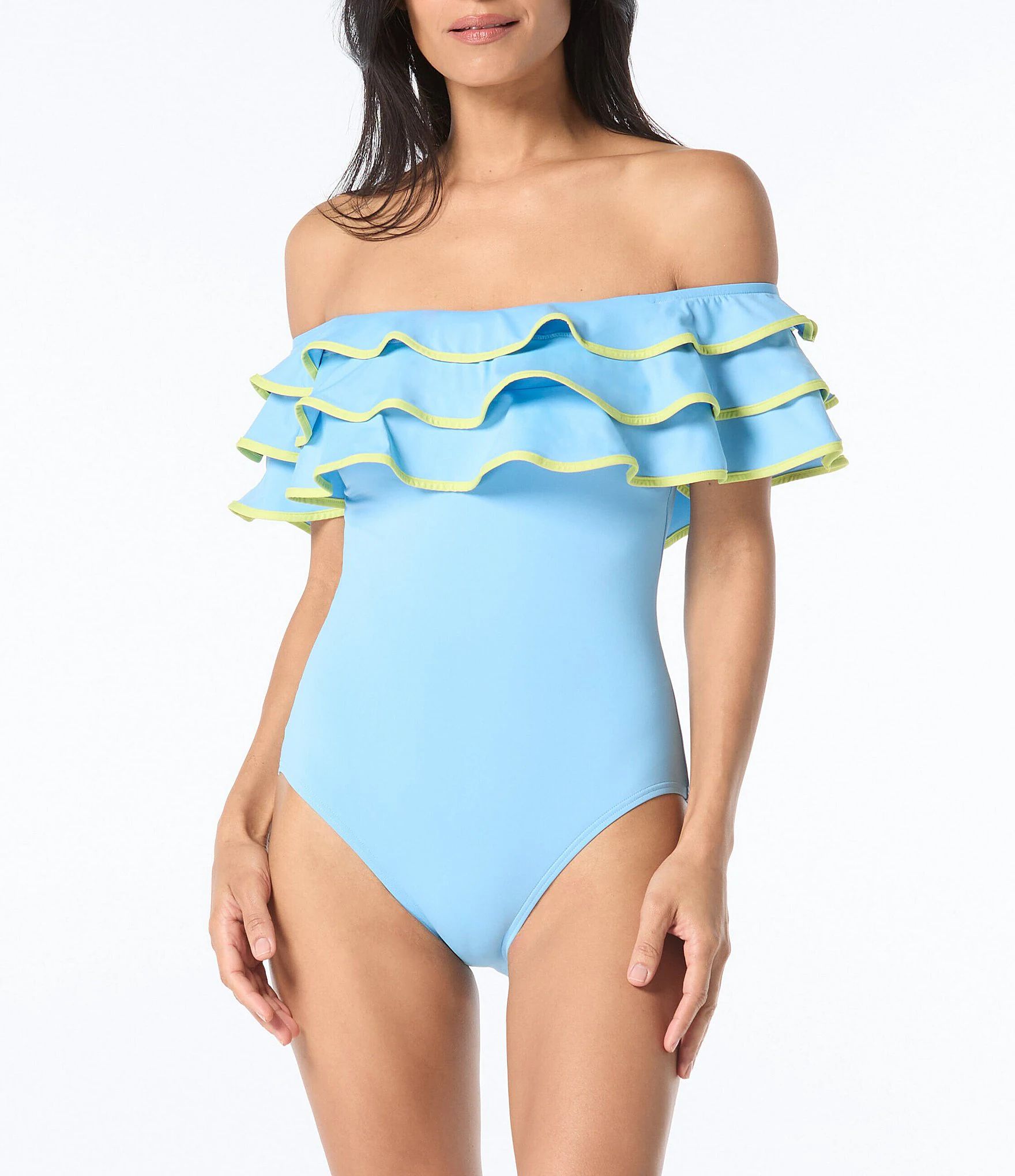 Contrast Solid Off-the-Shoulder Ruffle Bandeau One Piece Swimsuit | Dillard's