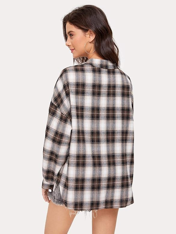 SweatyRocks Women's Long Sleeve Collar Long Button Down Plaid Shirt Blouse Tops | Amazon (US)