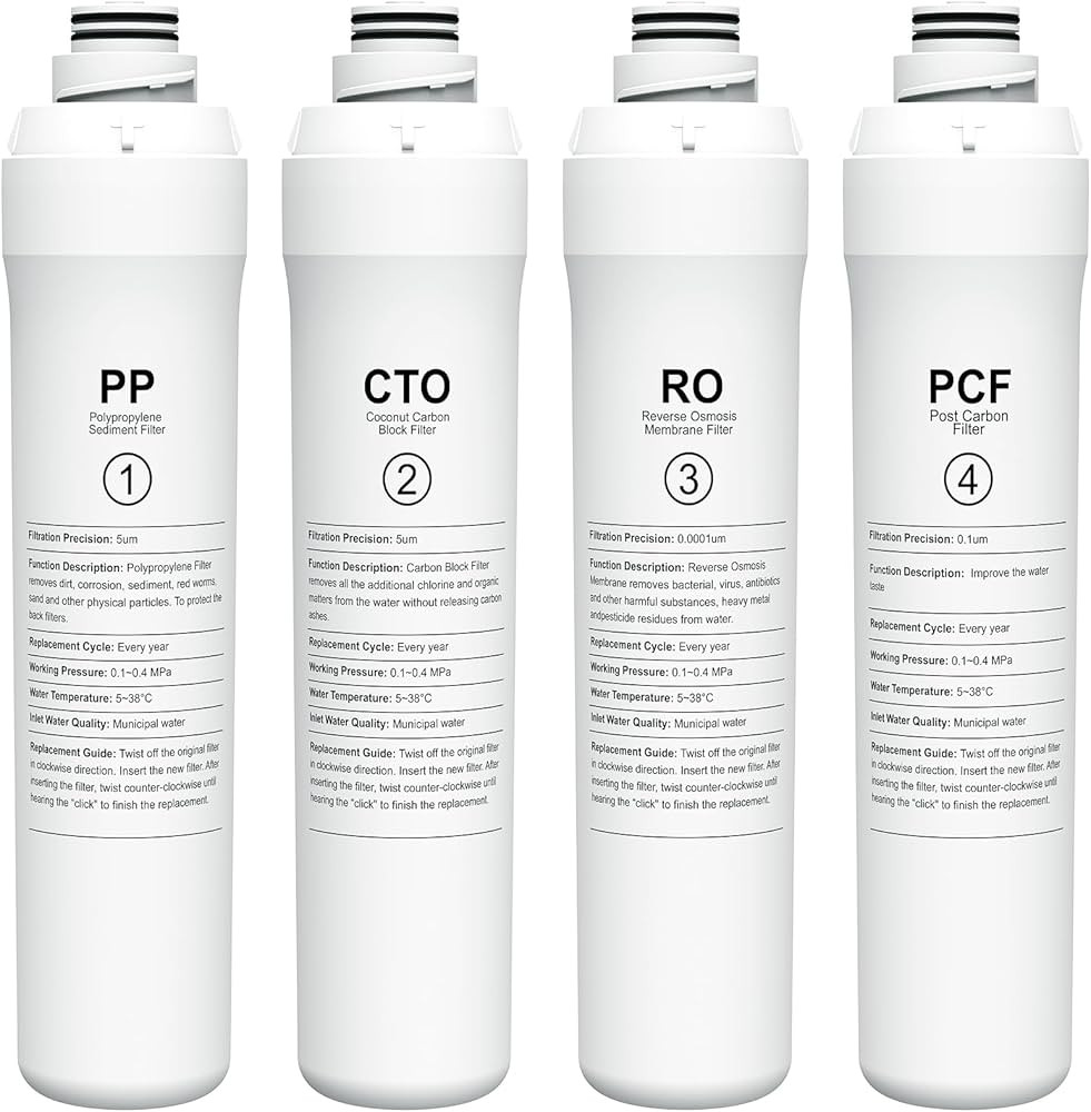 4-Pack Replacement Filter Set Compatible with Bluevua RO100ROPOT RO100ROPOT-UV RO System (1 PP, 1... | Amazon (US)