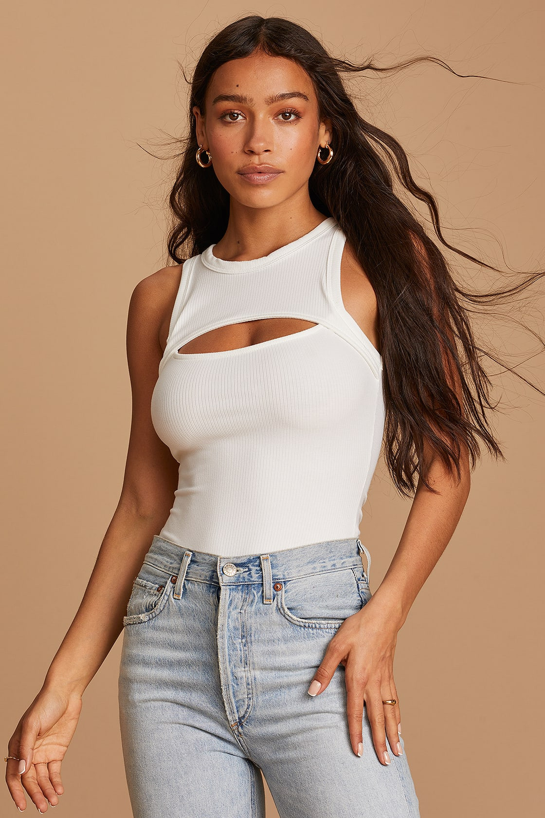 Flirtatious White Ribbed Sleeveless Cutout Bodysuit | Lulus (US)