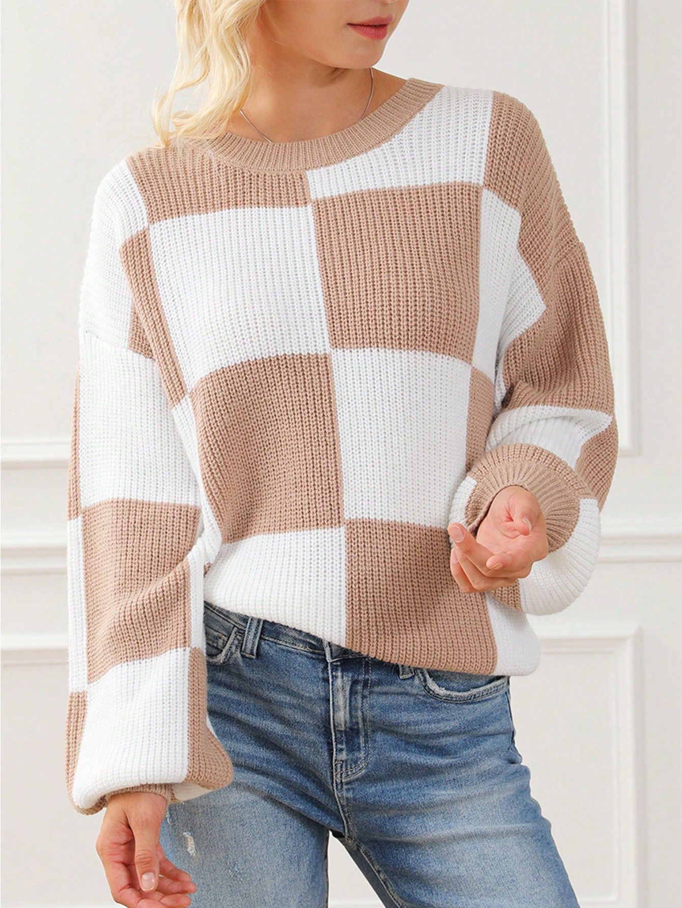 Checker Pattern Drop Shoulder Sweater | SHEIN