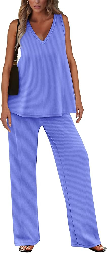 PRETTYGARDEN Women's 2 Piece Summer Tracksuits Sleeveless V Neck Tank Top Wide Leg Pants Casual K... | Amazon (US)