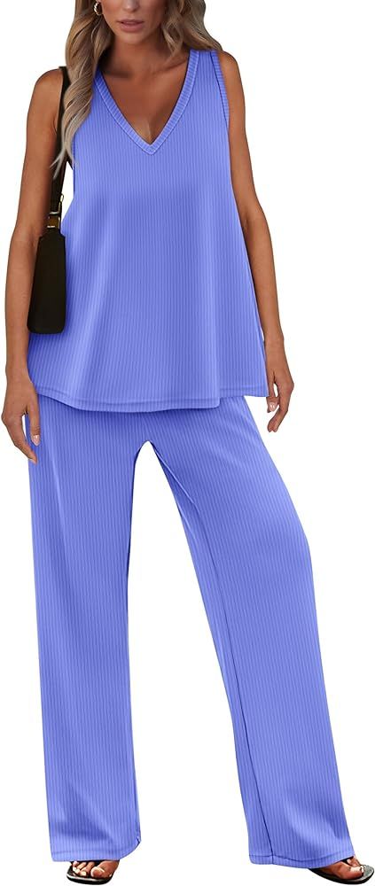 Pretty Garden Womens Sleeveless V Neck Tank Top Wide Leg Pants Casual Knit Outfit Set | Amazon (US)