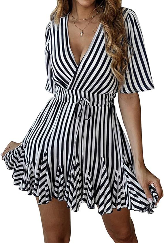 PRETTYGARDEN Women's Summer Deep V Neck Short Sleeve Striped Wrap Ruffle Hem Pleated Mini Dress | Amazon (US)