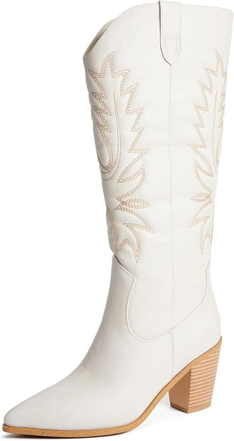 JustFab Cowboy Boots for Women Knee High Wide Calf Cowgirl Boots Embroidered Chunky Heels Pointed... | Amazon (US)