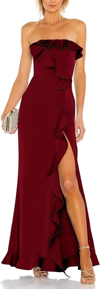 Womens Strapless Ruffles Prom Dresses with Slit Sleevelss Satin Bridesmaid Dresses A Line Formal ... | Amazon (US)