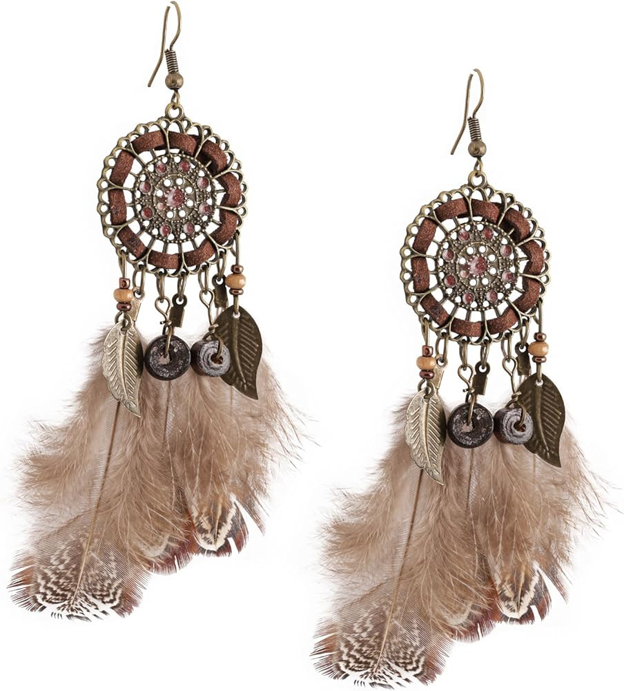 MINACHI Dream Catcher Earrings, Bohemian Hippie Style, Leaf Charms, Feather Earrings, Summer Jewe... | Amazon (US)