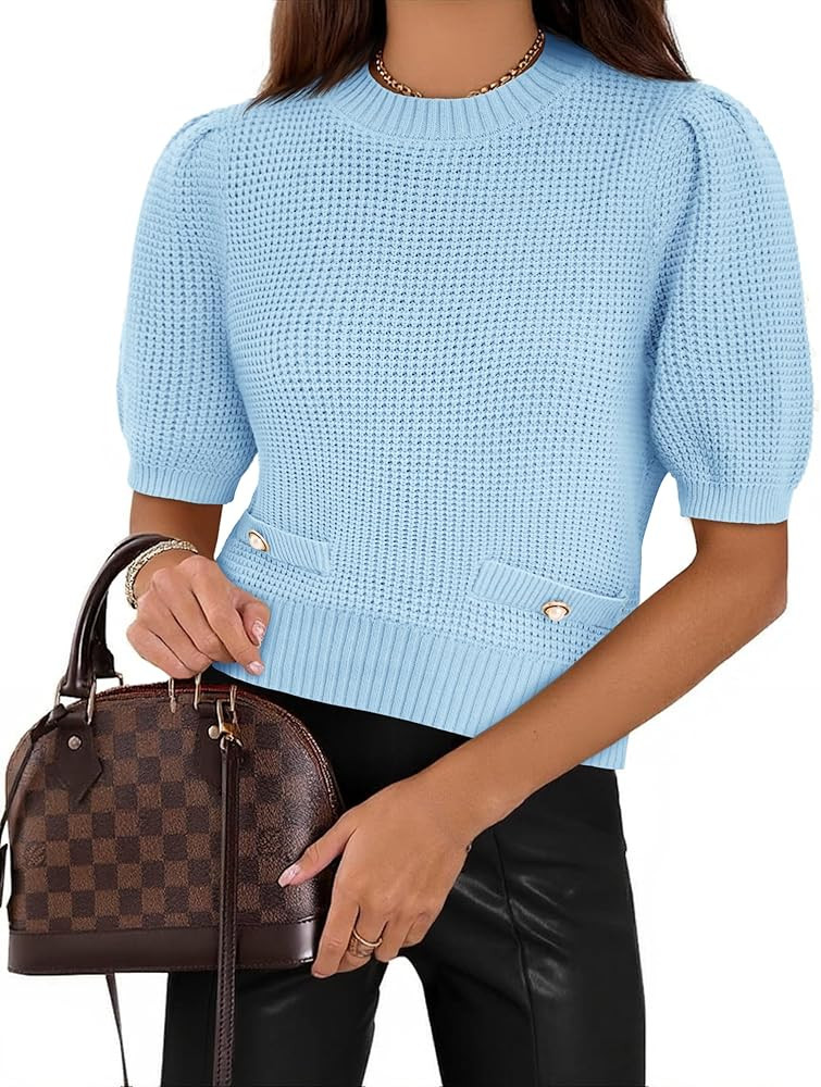 Cicy Bell Womens Puff Short Sleeve Sweaters Tops Cropped Ribbed Knit Lightweight Pullover Casual ... | Amazon (US)