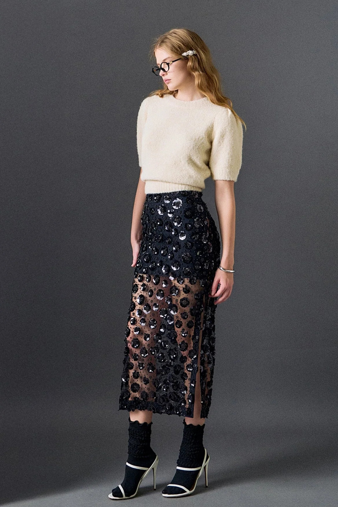 Flower Sequin Sheer Midi Skirt | OBJECTRARE