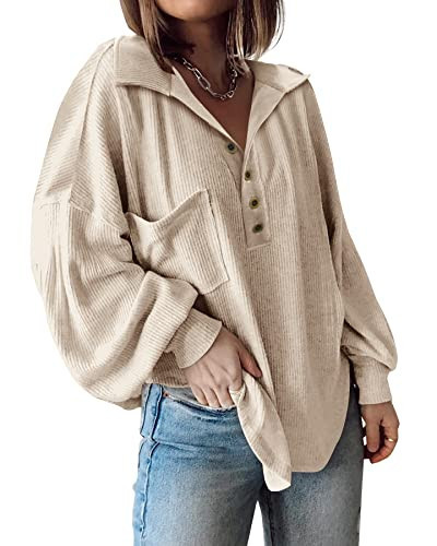 BTFBM Womens Fall Fashion 2026 Long Sleeve Shirts Casual V Neck Ribbed Knit Blouses Pullover Trendy Loose Fit Tunic Tops(Turndown Apricot, Medium) | Amazon (US)