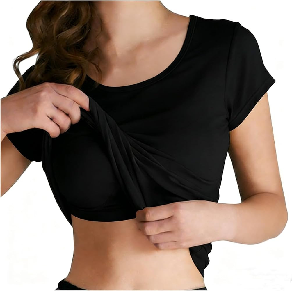 Womens Short Sleeve Shirts with Built in Bra Summer Basic T-Shirts Workout Yoga Tops Athletic She... | Amazon (US)