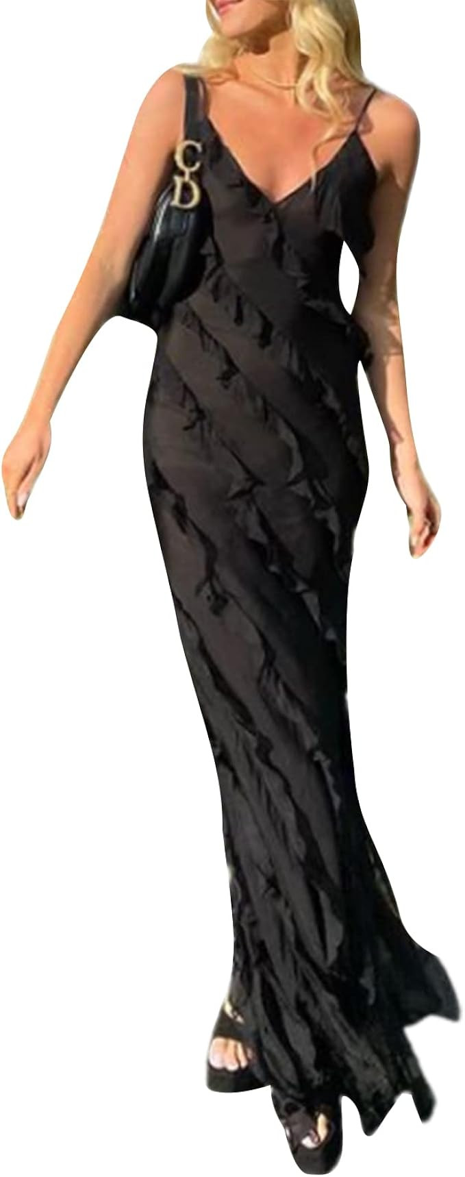 Women Vintage Satin Y2k Dress Low Cut Spaghetti Strap Long Dress Bodycon Backless Maxi Dress Spli... | Amazon (US)