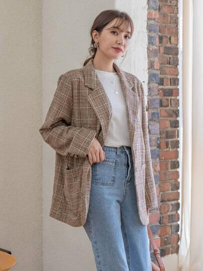 DAZY Plaid Double Pocket Single Breasted Blazer | SHEIN