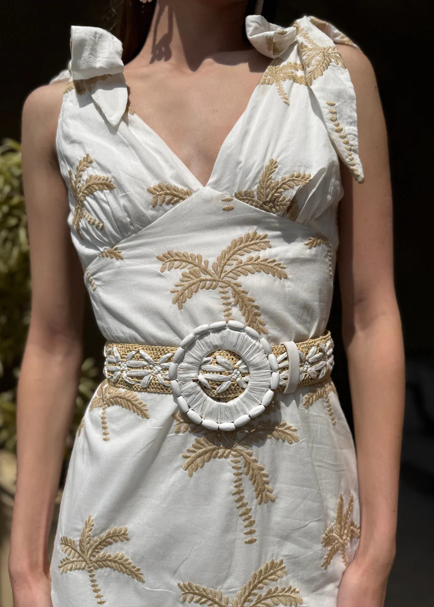 Mona Round Beaded Buckle Raffia Belt | Benaar La