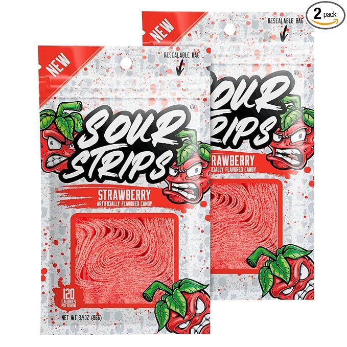 Sour Strips Strawberry Flavored Sour Candy Strips, Deliciously Sour Chewy Candy Belts, Vegetarian... | Amazon (US)
