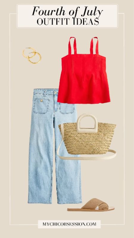 Red tops are the perfect base for Fourth of July outfits. Pair it with high-waisted sailor jeans by J.Crew, as it does feature a slightly cropped fit. The gold button detail on the pants pocket is the perfect way to tie in your favorite gold jewelry, like a classic pair of hoops.

Finish the look with a comfortable woven sandal slide, ideal for summer. A large woven tote completes the outfit!

#LTKItBag #LTKSeasonal #LTKStyleTip
