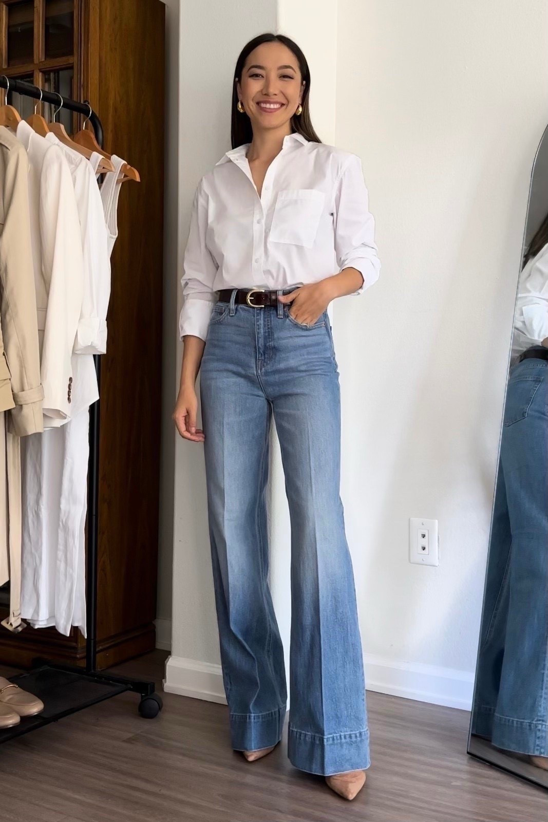 Classic & chic work outfit 

Last day for 30% off almost everything at Jcrew! Use code SHOPQUICK 

• Jcrew denim trousers — wearing the classic length (with heels, I’m 5’4”) the petite length would have worked better for me — similar wash is on sale for 30% off! 
• button up — old, linked to this years version + similar styles 


Wide leg jeans / workwear / office outfit 

#LTKSpringSale #LTKSaleAlert #LTKWorkwear