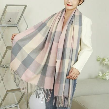 Plaid Blanket Scarf Warm Women Winter Scarf Pashmina Tassel Wrap Shawl Pink | Walmart (US)