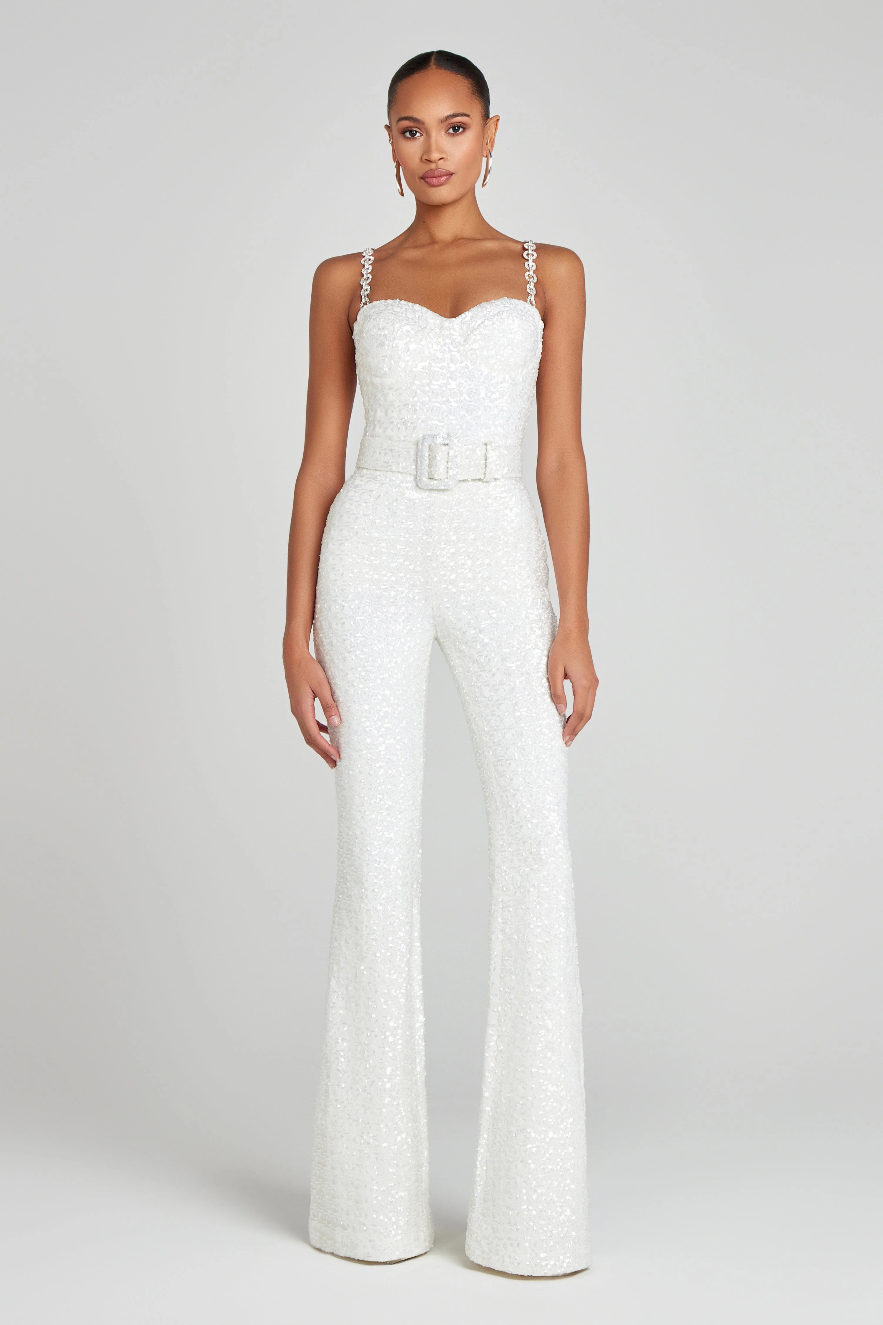 LUCINDA White Belted Jumpsuit | NADINE MERABI | Nadine Merabi