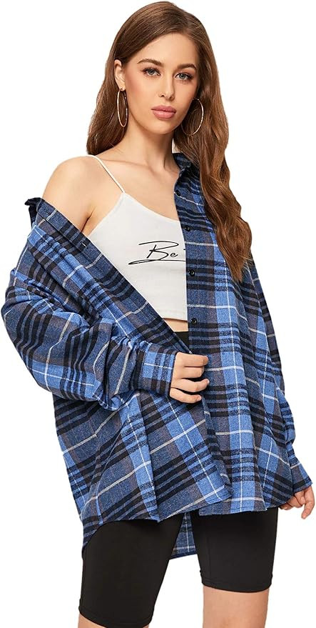 SweatyRocks Women's Long Sleeve Collar Long Button Down Plaid Shirt Blouse Tops | Amazon (US)